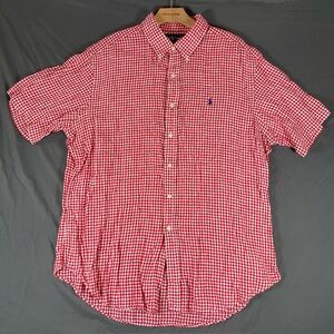 Ralph Lauren 100% Linen Shirt Men's XL Short Sleeve Red Plaid Classic Fit Golf